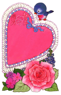 un coeur avec une rose et un petit oiseau